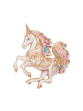 Unicorn Brooch With Colorful Pink Enamel & Crystal Accents Gold Tone
